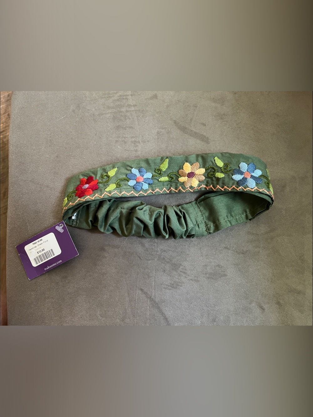 Embroidered Olive Green Floral Stretch Headband - Folds out to Beanie
